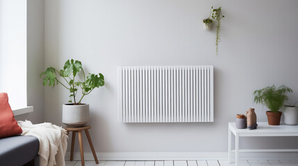 Minimalistic wall-mounted radiator for warmth integrated into interior Cozy skandy living room with sleek black sofa and clean white walls adorned with plants.