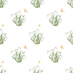 Watercolor snowdrops with yellow butterflies seamless pattern - hand drawn illustration template on white background. Floral greenery surface design. Botanical flowers. Design fabric, wrapping paper.
