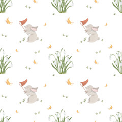 Watercolor snowdrops with bunny catch butterfy seamless pattern - hand drawn illustration on white background. Floral greenery surface design. Botanical flowers. Design fabric, wrapping paper.