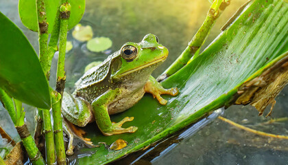 Naklejka premium Green frog siting on the leaves.