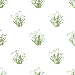 Watercolor snowdrops seamless pattern - hand drawn illustration template on white background. Floral greenery surface design. Botanical flowers. Design fabric, wrapping paper.