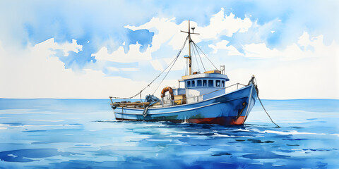 Obraz premium Watercolor illustration of sailboat floating on blue ocean water with blue sky at day light 