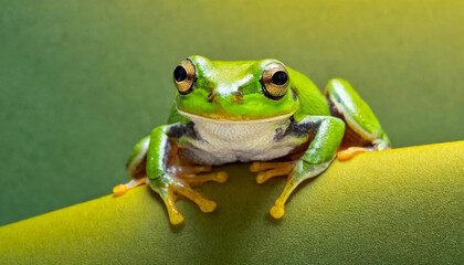 Green frog on the branch on green background.. 