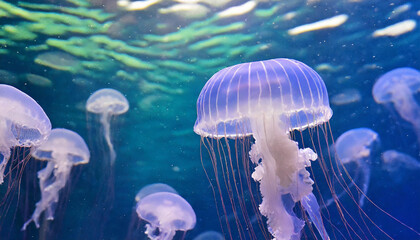  Jellyfish in the blue water.  Underwater life background..    Jellyfish wallpaper.