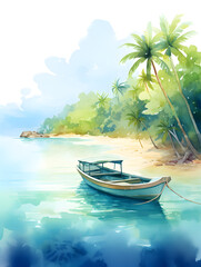 Watercolor illustration of sailboat floating on blue ocean near tropical island with palm trees
