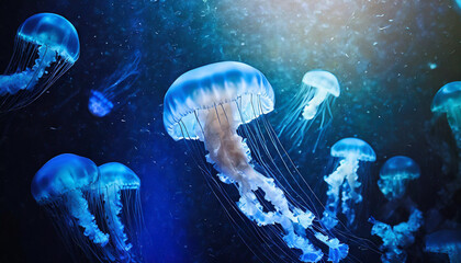 Jellyfish in the blue water. Underwater life background.. Jellyfish wallpaper.	
