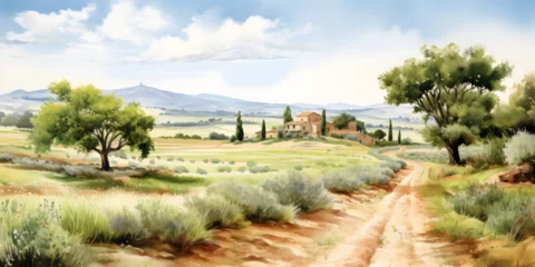 Poster Watercolor illustration landscape view of Italian Tuscany countryside panorama with olive trees, old farmhouses © TatjanaMeininger