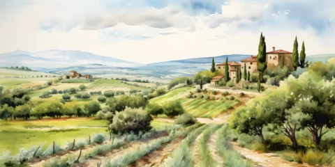 Foto op Canvas Watercolor illustration landscape view of Italian Tuscany countryside panorama with olive trees, old farmhouses © TatjanaMeininger