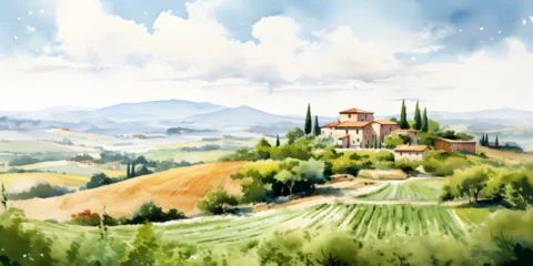 Zelfklevend Fotobehang Watercolor illustration landscape view of Italian Tuscany countryside panorama with olive trees, old farmhouses © TatjanaMeininger