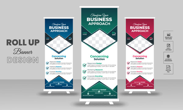 Creative roll up stand retractable banner for business events, marketing presentations, pull up banners for x stands with print ready design template.