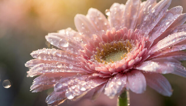 Pink close up gerbera with water drop and pastel morning light