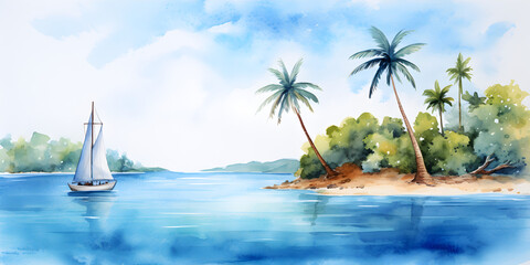 Fototapeta na wymiar Watercolor illustration of sailboat floating on blue ocean near tropical island with palm trees