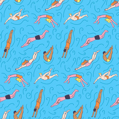 Seamless pattern with human bodies diving in water. Fitness and healthy lifestyle concept. Flat hand drawn male and female silhouettes. Trendy print design for textile, wallpaper, wrapping, background