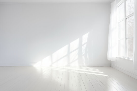 An empty bright white room with an open window letting in sunlight. This serene image captures the simplicity and tranquility of a sunlit space, evoking feelings of warmth and spaciousness