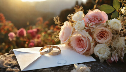Two ring on the card and bouquet of flowers roses on sunset background. 