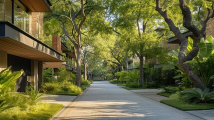 Obraz premium a street lined with trees and bushes next to a building with a lot of windows and balconies on each side of the street and a sidewalk lined with grass and trees on both sides.