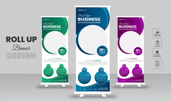 Creative roll up stand retractable banner for business events, marketing presentations, pull up banners for x stands with print ready design template.