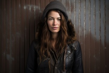 Pretty girl in a leather jacket and a hat on a wooden background