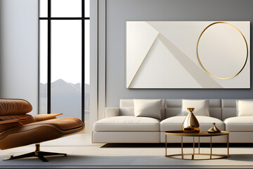 Refined Minimalism: Living Room Interior Design with Golden Accents, Illuminated by the Subtle Radiance of Scattered Natural Light, Creating a Tranquil and Elegant Atmosphere