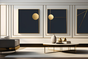 Refined Minimalism: Living Room Interior Design with Golden Accents, Illuminated by the Subtle Radiance of Scattered Natural Light, Creating a Tranquil and Elegant Atmosphere
