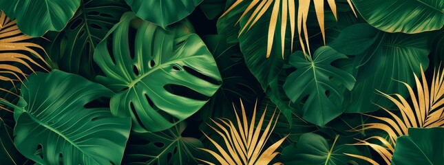 Pattern leaf background green plant tree abstract palm floral wallpaper flower foliage art jungle. Background luxury leaf pattern texture design line summer gold nature monstera fabric golden leaves - obrazy, fototapety, plakaty