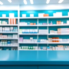 Blue counter with blurred pharmacy background. Table in the foreground for product display.