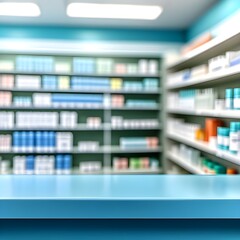 Blue counter with blurred pharmacy background. Table in the foreground for product display.