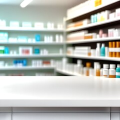 White counter with blurred pharmacy background. Table in the foreground for product display.