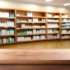 Wooden counter with blurred pharmacy background. Table in the foreground for displaying products.