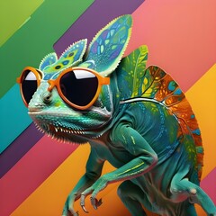 Nonsense surreal image: friendly chameleon wearing sunglasses. AI generated image.