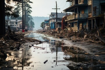 Coastal after tsunami wreckage and flood., generative IA