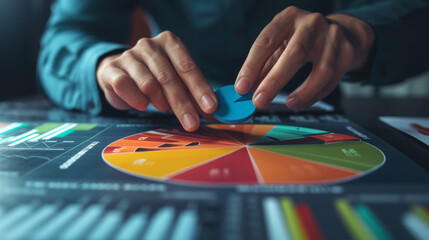 pair of hands are adjusting a large, tactile pie chart on a digital interface with various types of graphs and data visualizations in the background.