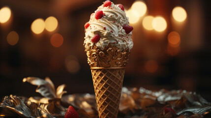 Ice cream cone adorned with raspberries, generative AI