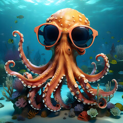 Surreal nonsense image: stylish and unusual octopus sunglasses. AI generated image.