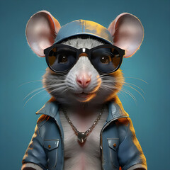 Nonsense surreal image: rapper mouse style with sunglasses. AI generated image.