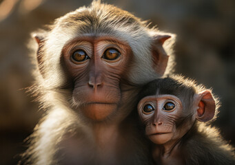 Close-up portrait of a monkey with a baby, generative AI