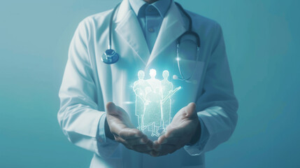 A doctor holding a holographic image of a family, symbolizing healthcare and protection.