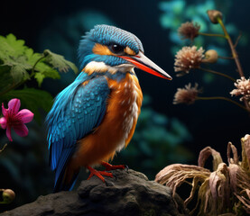 A brightly colored tropical bird with a long beak sits on a branch in the forest, generative AI 





