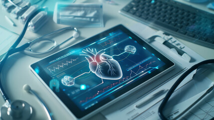 A tablet displaying a 3D holographic image of a human heart with associated health metrics, placed on a desk next to a stethoscope, symbolizing advanced medical technology and cardiology diagnostics.