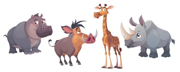 Africa animals mega set in cartoon graphic design. Bundle elements of hippopotamus, warthog boar, giraffe and rhinoceros. African cute zoo pets of safari park. Vector illustration isolated objects