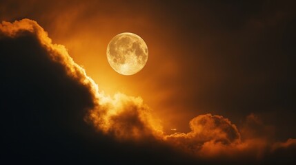  a full moon is seen through the clouds in a dark sky with orange and yellow light coming from the top of the moon in the middle of the middle of the night.