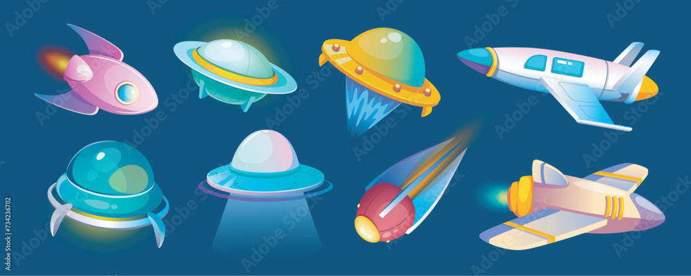 Poster alien spaceships mega set in cartoon graphic design. bundle elements of fantasy ufo space crafts, ro