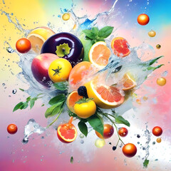 Multiple fruits splash on top of water with black background fruit photography. colorful vegetables in the water - 734236707