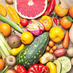 Top view, Fruit and vegetables background with assortment of fresh organic food.  - 734236708