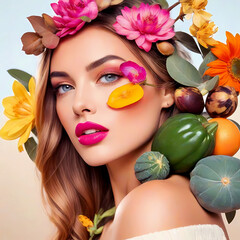 A fashion photo young woman with flowers exhibiting flawless makeup  - 734236742