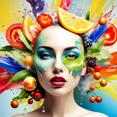 Portrait of a girl whose hair is covered with fruits splash and leaves. - 734236777