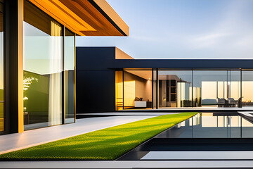Minimalist Marvel: A Luxury Residence in Stark Black, Poised Gracefully Against the Radiant Green Grass, Reflecting Modernity and Exclusivity