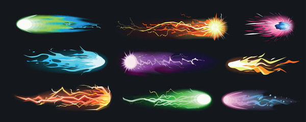 Blasters laser effect mega set in cartoon graphic design. Bundle elements of game handgun shoots with glowing lights, fireballs with spark trail, energy explosion. Vector illustration isolated objects - obrazy, fototapety, plakaty