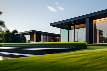 Luxurious Minimalist Home: Standing Tall and Commanding Attention with its Stark Black Facade Against a Lush, Vibrant Green Lawn, Symbolizing Modern Opulence