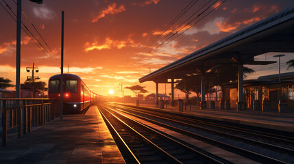 Train arriving at the railway station at sunset. 3d rendering.